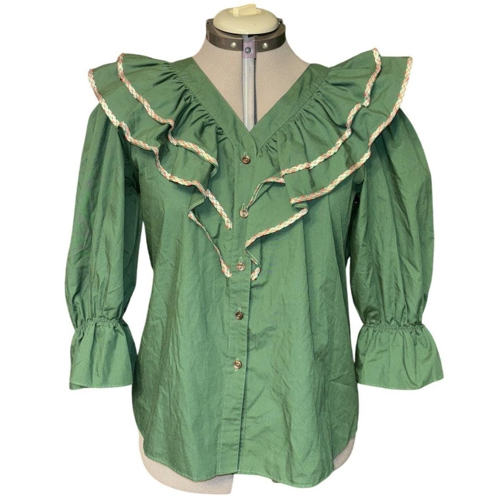 Vintage Malco Modes Prairie Ruffle Blouse  Green Puff Sleeve Metallic Trim M